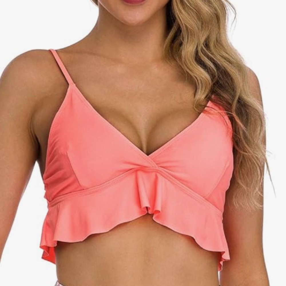 COSKAKA Women Ruffle Bikini Top size M coral color